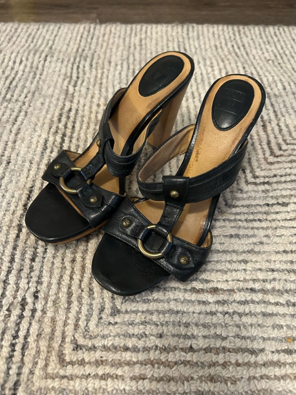 FRYE Black Leather Open-Toe Heeled Sandals Size 6.5 Gerry Slide Y2K